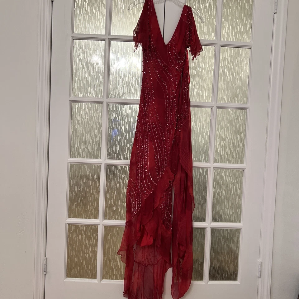 Vestido de seda ROMA High Class talla 6, S-XS rojo oscuro con cuentas, volantes Foto 2 de 4