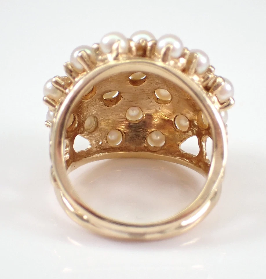 Anillo de compromiso vintage de perlas blancas genuinas de corte redondo de 3 quilates enchapado en oro amarillo de 14 quilates Foto 3 de 4