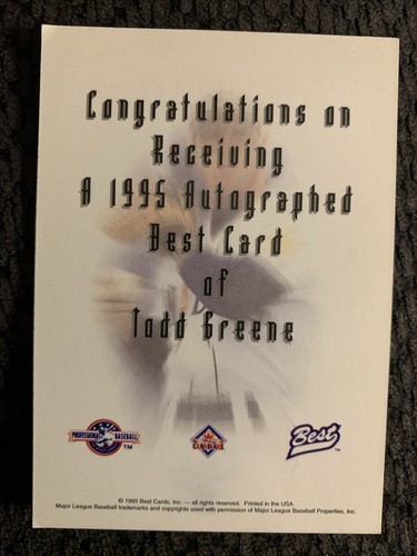 1995 BEST AUTOGRAPHED AUTO MINOR LEAGUE TOP 100 CARD TODD GREENE Sharp Corners - Picture 3 of 3