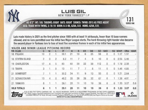 NOVATO LUIS GIL DE NUEVA YORK YANKEES #131 - TOPPS CASI NUEVO- COMO NUEVO 2022 - Imagen 2 de 2