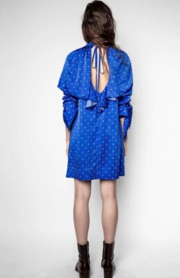 ZADIG VOLTAIRE Defile Silk Cobalt Blue Monogram Logo Dress Open Back Mini S