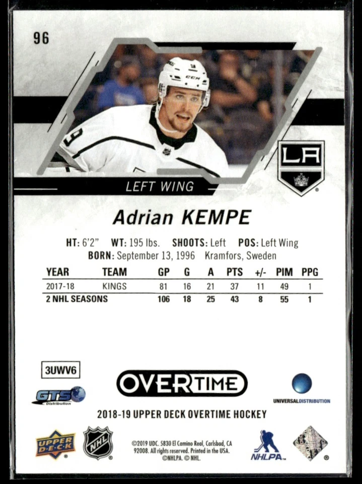 2018-19 Upper Deck Overtime Red Adrian Kempe 15/99 #96 - Image 2 of 2