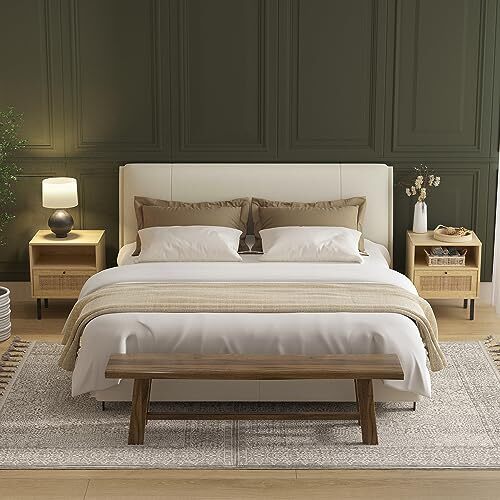 Rattan Nightstands Set of 2, Boho Night Stand with 1 Door, Accent End Wood - Picture 4 of 8