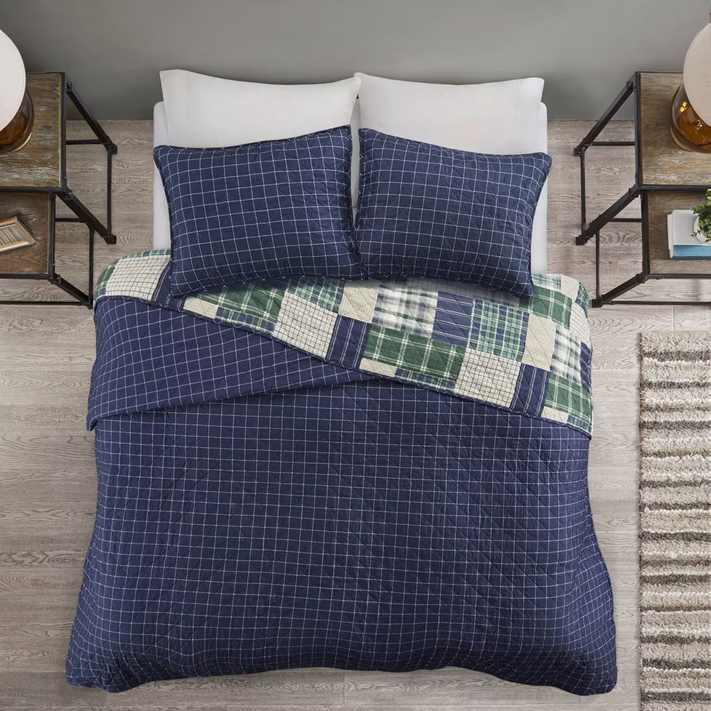 3pc King/California King Hilltop Reversible Coverlet Set Green/Navy: