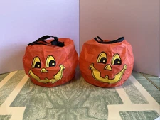 2 Trick Or Treat Candy Bucket Fabric Collapsible Jack O Lantern Pumpkin 10