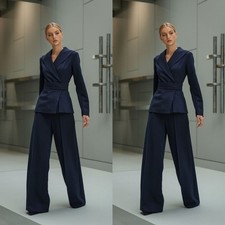 Navy Women Suits With Belt Formal Office Party Wedding Wear Ladies Outfits