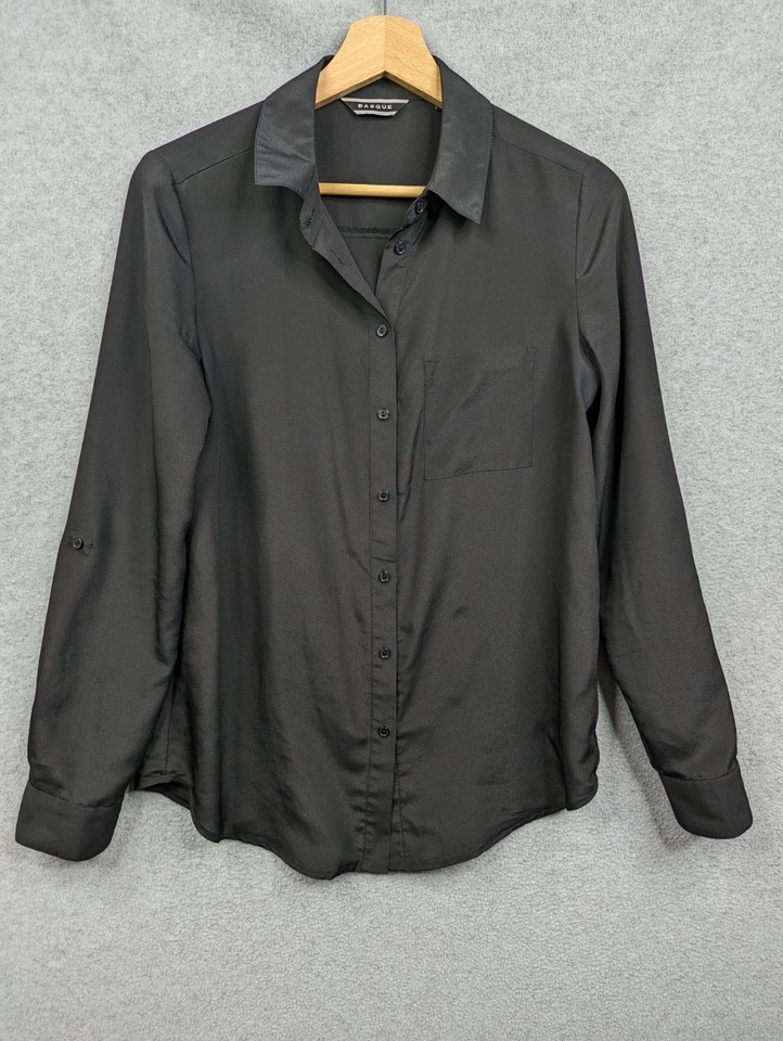 Basque Shirt Womens 8 Black Button Up Blouse Long Roll Tab Sleeves Office Work