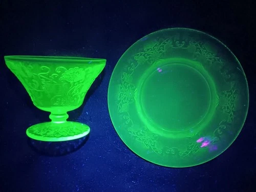 Vintage Green Depression Uranium Glass Matching Cup and Plate Uv Reactive