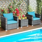 3PCS Rattan Patio Conversation Furniture Set Outdoor Yard w/ Turquoise Cushion