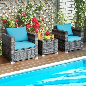 3PCS Rattan Patio Conversation Furniture Set Outdoor Yard w/ Turquoise Cushion