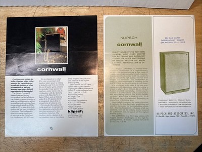 Vintage Klipsch Speaker Specifications Pamphlet Sheet Cornwall