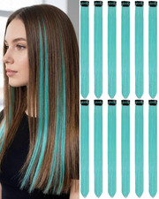 12 PCS Teal Blue Hair Extensions Clip in, 22 Inch Colored Party Synthetic Neon