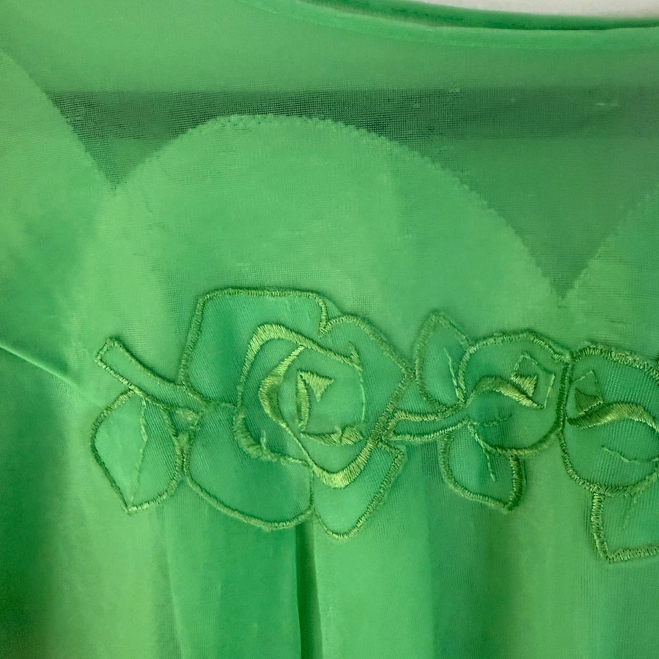 Babydoll Vintage Años 70 Malla Verde Transparente Top Rosas Floral Gorra Ropa de Salón Lencería M Foto 3 de 4