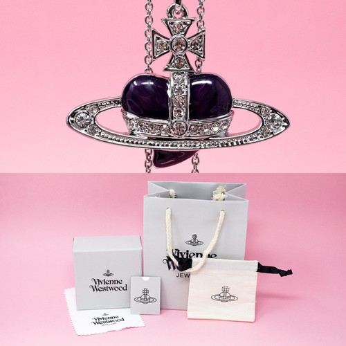 Vivienne Westwood Necklace Silver & Purple Large Heart Orb Pendant With Gift Box