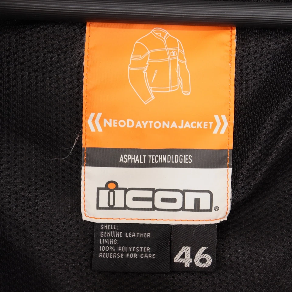 ICON Neo Daytona Motorcycle Padded Jacket Mens Size 46 (XL) Black White Leather - Image 3 of 4