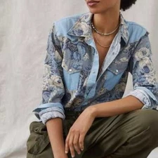 Love The Label x Anthropologie Floral Chambray Buttondown Shirt Size Small