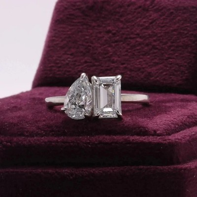 Ring for Women's 14K White Gold Plated Emerald & Pear Cut Lab Created Diamond
