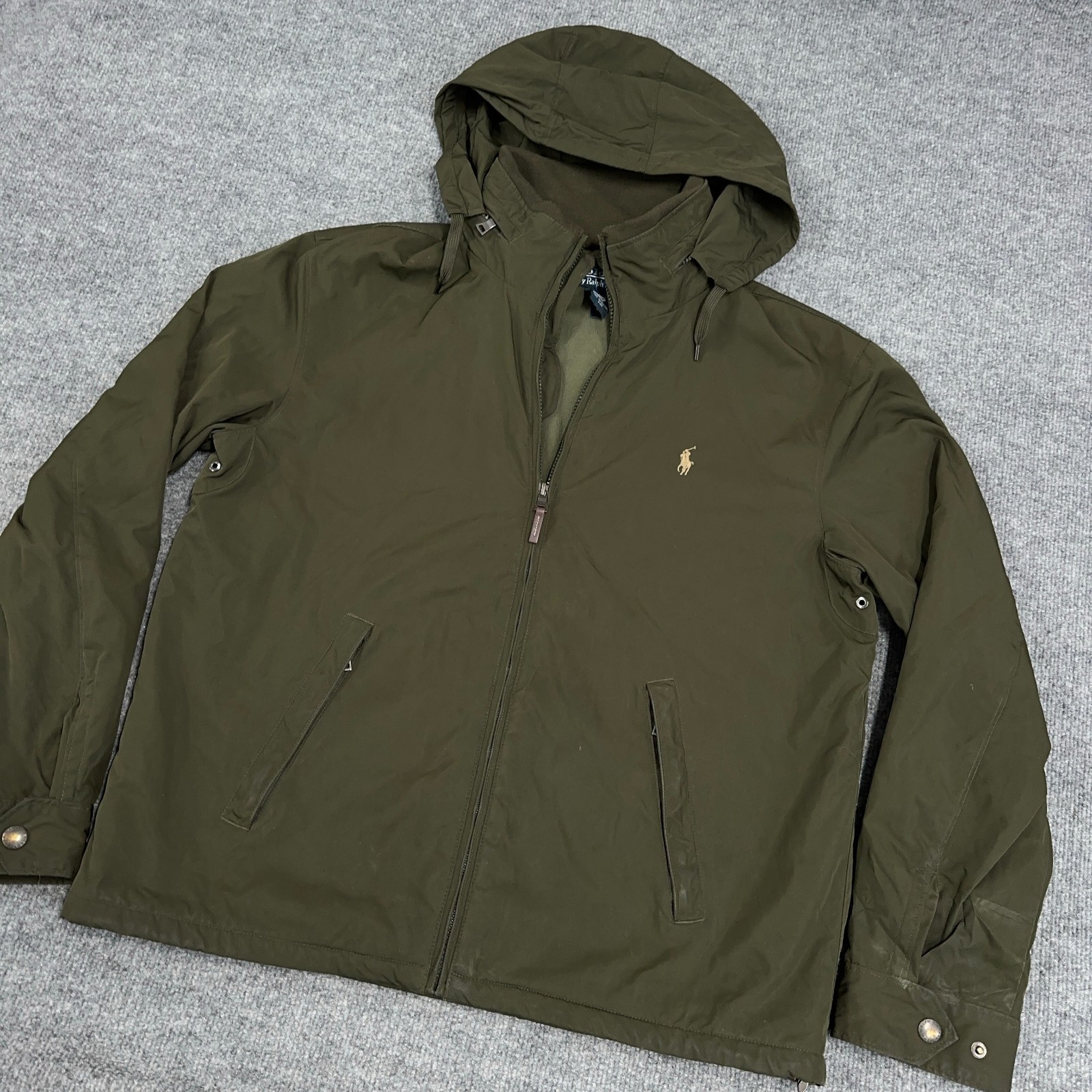 Polo Ralph Lauren Jacket Men Large Army Olive Green Softshell Fleece Lined Hood