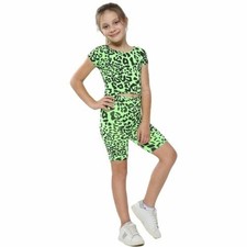 Kids Girls Crop Top  Cycling Short Green Leopard Print Summer Outfit Set 5-13