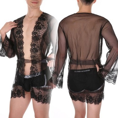 Herren Spitzen Bademantel mit Netz Design Schlafanzug für Abend Entspannung