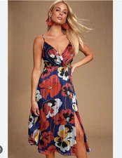 Lulus All About Love Royal Blue Floral Midi Surplice Fairycore Slip Dress Sz M