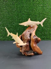 FABULOUS BURL-DRIFTWOOD BASE w/JOHN PERRY HAMMERHEAD SHARK DUO ONE OF A KIND VGC