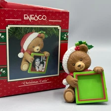 Enesco Christmas Cutie Teddy Bear With Santa Hat Holding Mini Picture Frame 1991