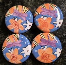 Hand Painted Ceramic Drawer Pull Cabinet Knobs Flower  Butterfly Set Of 4 2"