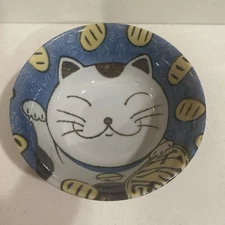 Japanese Rice Soup Noodle Bowl Blue Sumi Cat Made in Japan