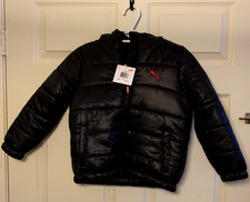 Puma Boy's Logo Hooded Black Puffer Jacket Size 6 Red Accent Full Zip NTW