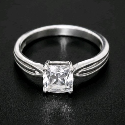 Square Colorless Rhinestone Sterling Silver Engagement Ring Size  6  R-TN41