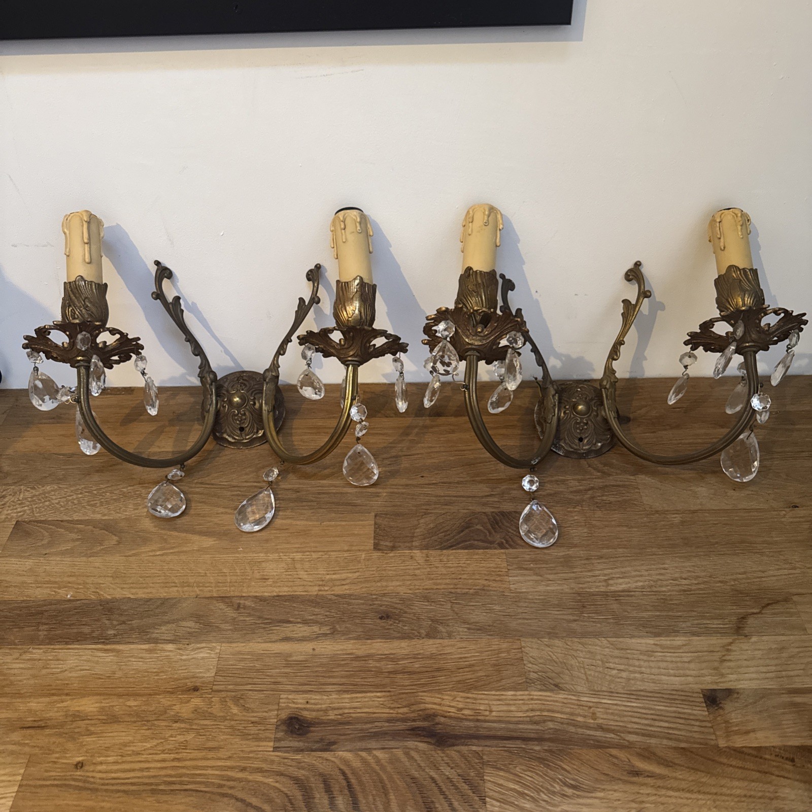Pair of Vintage Brass & Crystal Wall Lights / Sconces – French Rococo Style