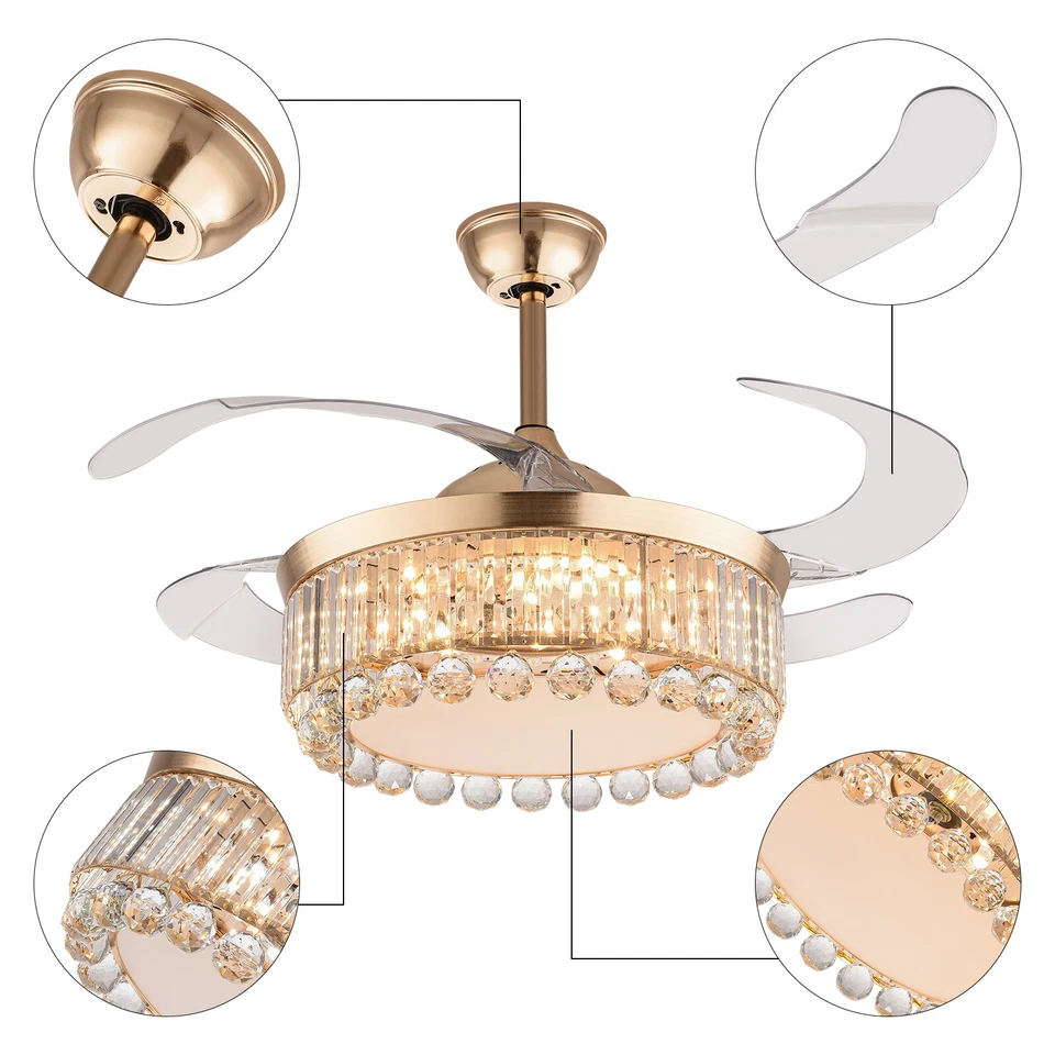 42 Inch Gold Ceiling Fan with Light, Remote Retractable Fandelier Ceiling Fan - Image 4 of 4