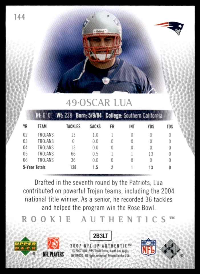 2007 SP Authentic Oscar Lua Rookie 1152/1399 New England Patriots #144 R125 - Image 2 of 2