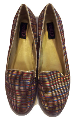 Womens Multi-Colored Stripes Flat Shoes Size 10 Casual Flats Gold Trim Slip On