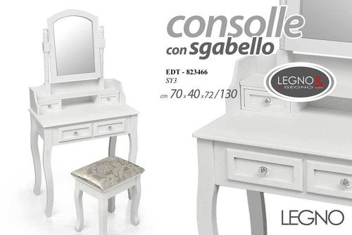 TAVOLO TRUCCO TOLETTE CONSOLLE SGABELO SPECCHIO LEGNO BIANCA SHABBY 70*40*130CM - Foto 4 di 5