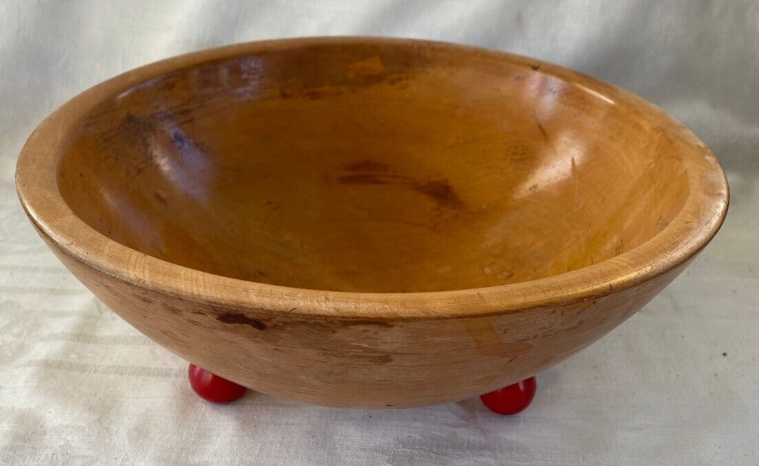 11" Munising Round Wooden Wood Dough Footed Bowl with Red Ball Feet eBay