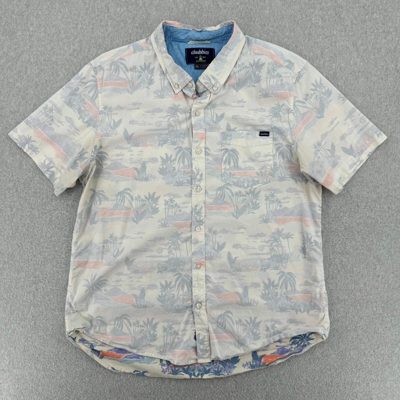 Chubbies Shirt Men's XL Beige Floral Beach Print Short Sleeve Pocket Button Down