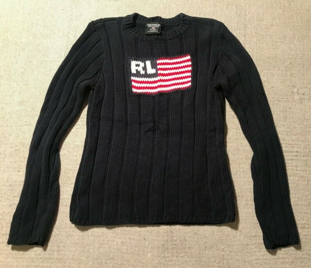 Polo Jeans Co. Ralph Lauren Womenâs Navy Rib Knit Heavy Sweater USA Flag Sz M #S | eBay