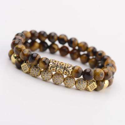 Luxury Micro Pave CZ Balls King Crown Charm Beads Bracelets Men Tiger Eye Stone