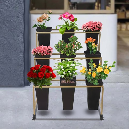 Floor Standing 3-tier Flower Holder Flower Display Stand With 9 Buckets & Wheel