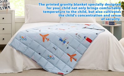 HOSUKKO Weighted Blanket 5 Lbs – Blue Airplane Design, 36x48 Inches, Breathable Microfiber