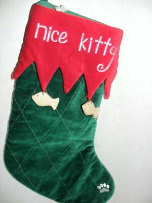 Advanced Concept Christmas Stocking 'Nice Kitty' Cat Red Green Velvet Fishes