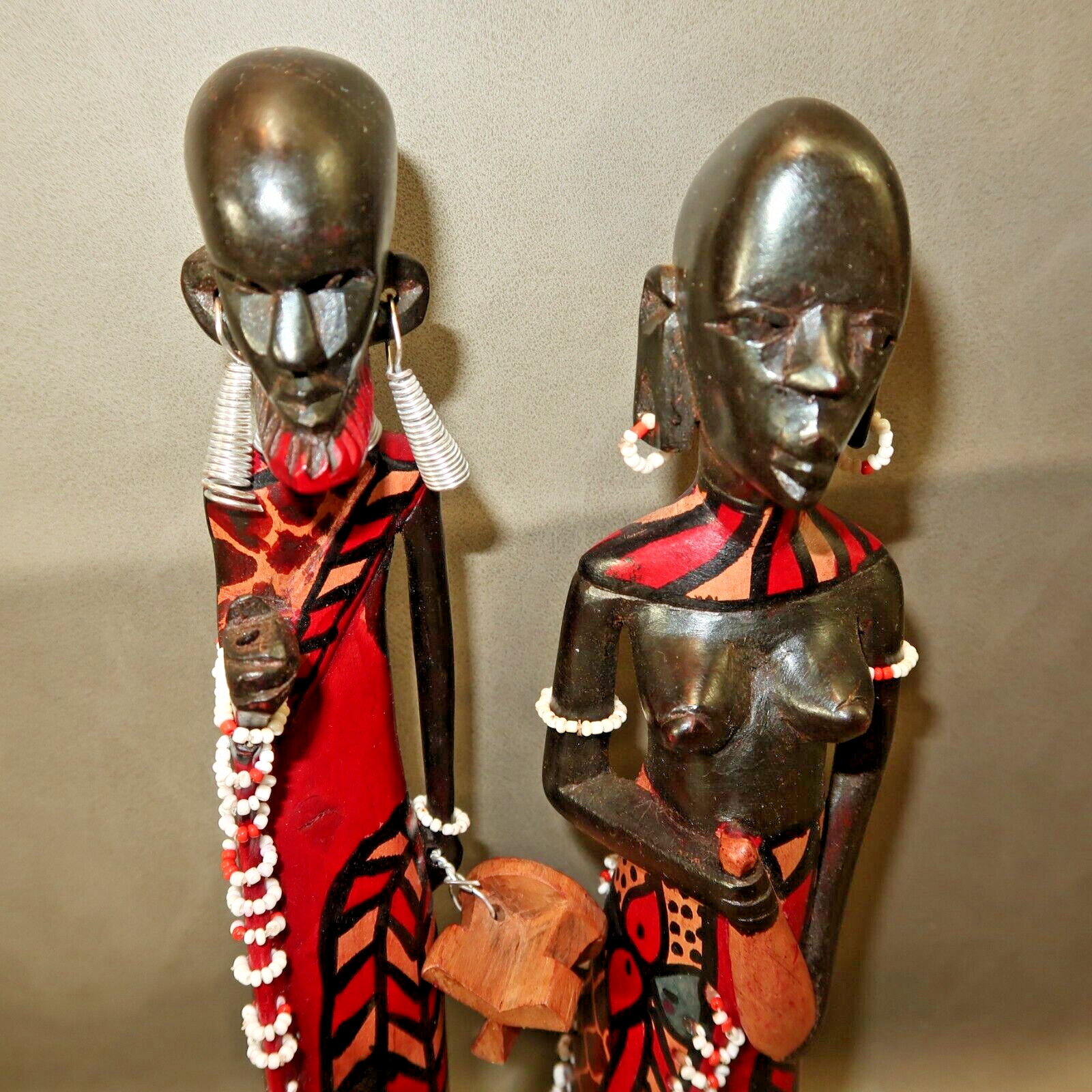 PAIR of Maasai African Mahogany Wood Woman and Man Beaded Figures Carved 12"