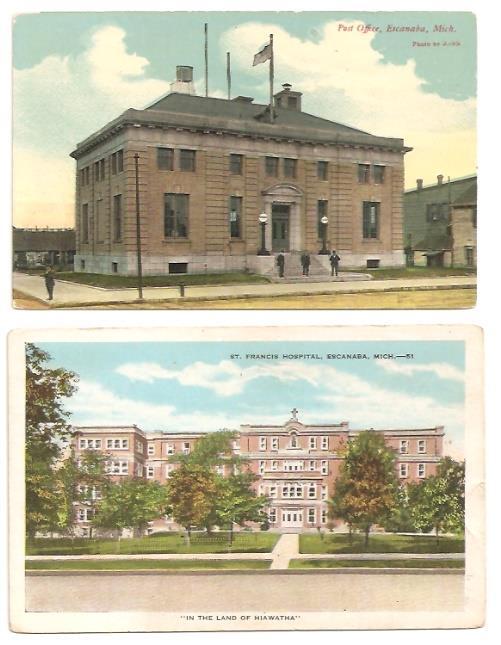 2 Vintage PC; Post Office & St. Francis Hospital; Escanaba, Mich. eBay