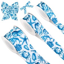 3 Rolls 15 Yards Summer Beach Sea Grosgrain Ribbon Tropical Blue Starfish Crab