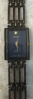 Ladies Geneva blue rectangle face Quartz wristwatch black metal link bracelet