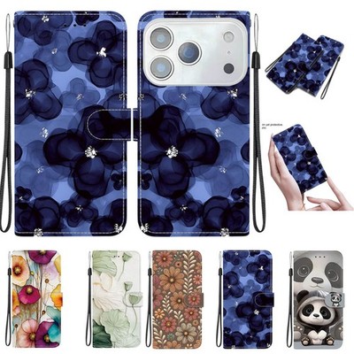 Flower Panda Lotus Pattern Card Wallet Leather Case Cover for iPhone 17 Pro Max