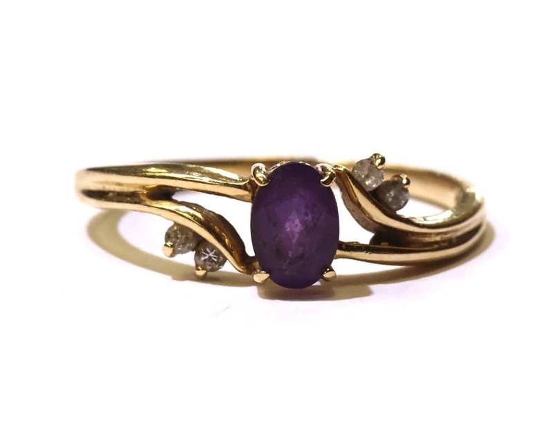 14k yellow gold natural .06CT Amethyst diamond gemstone ring 4.0g estate antique
