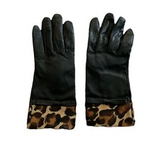 Black Leather Leopard Cuffed Gloves Warmly Lined Women's Fall Winter Size Medium